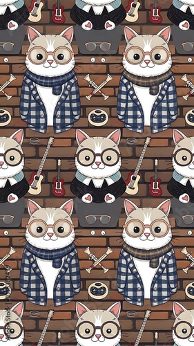 Seamless pattern with hipster cute cats for children