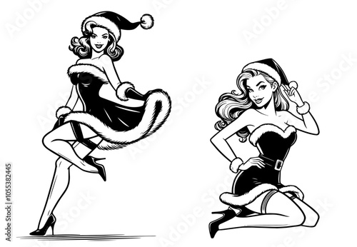 vintage pin-up santa girl in holiday attire black vector