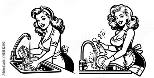 retro housewife washing dishes with playful expression, black vector art