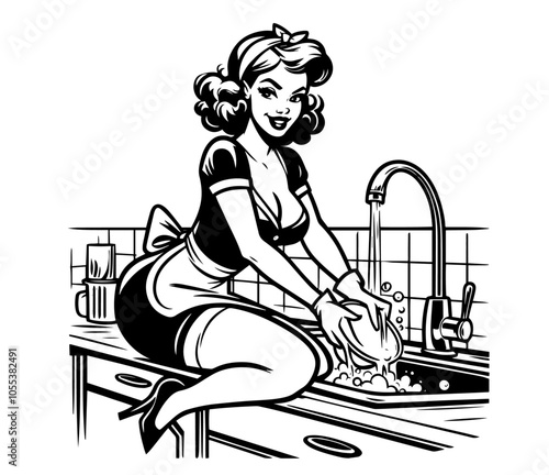 classic pin-up girl at kitchen sink, hand-drawn black vector illustration
