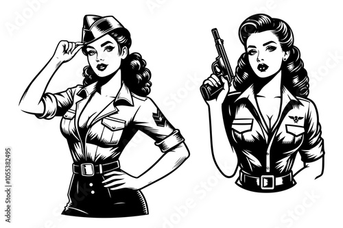 Vintage military women illustrations in bold retro black vector style