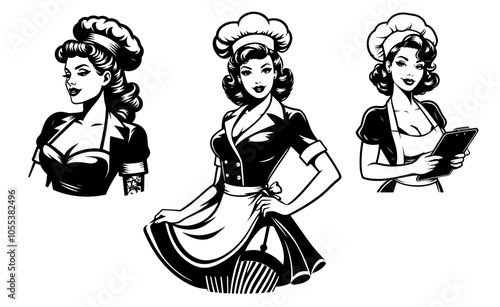vintage pin-up waitress in classic uniform, black vector illustration set