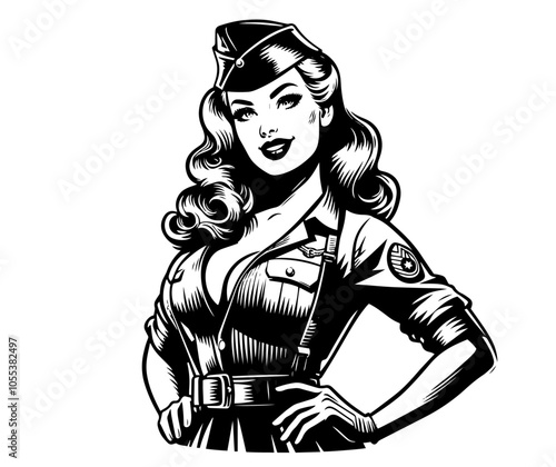 charming pin-up girl in soldier outfit, blending feminine allure with military aesthetics black vector