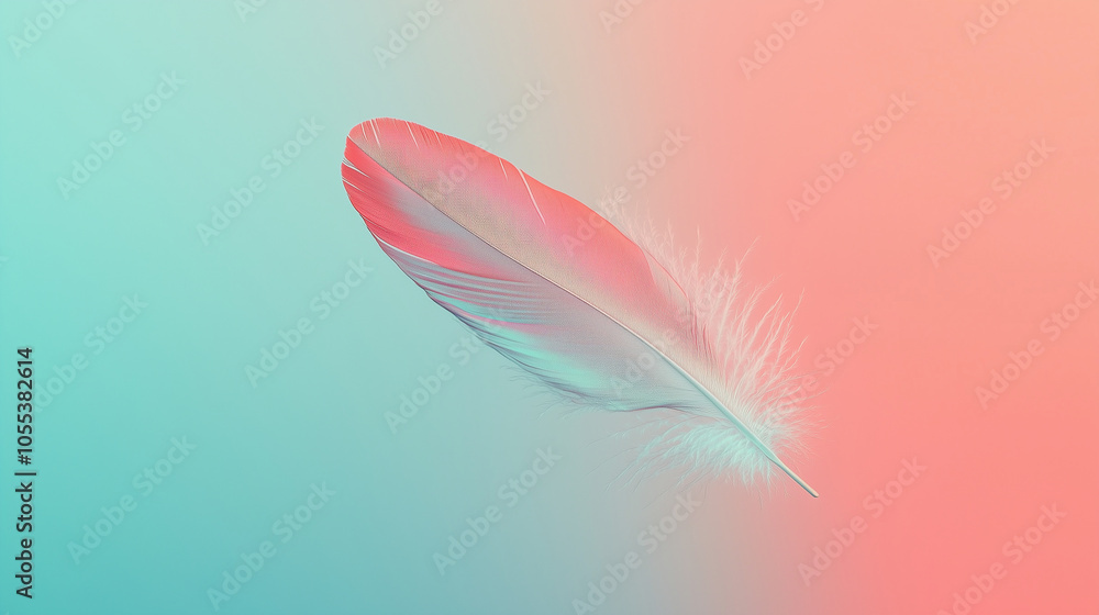 A colorful feather floating in the air, with a light blue and red gradient background A colorful feather floating in the air, with a light blue and red gradient background