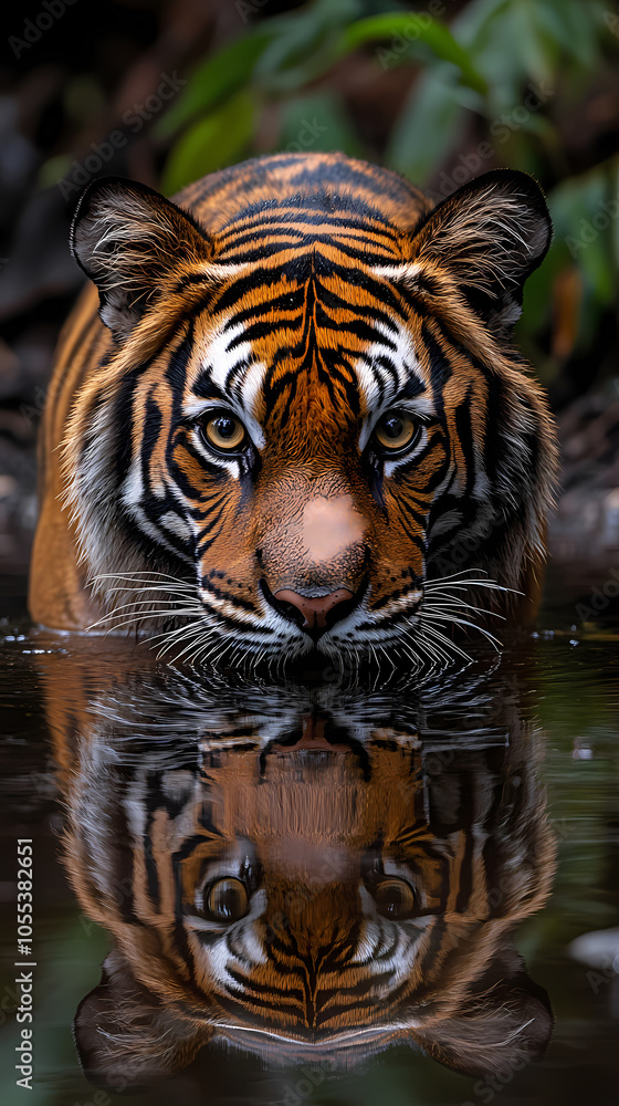 Fototapeta premium Tigers have powerful builds, bold orange fur with black stripes, and intense eyes. There is a sense of strength and grace about the tiger's face, with sharp features and a focused gaze.