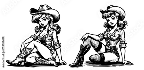 charming cartoon-style pinup girl dressed as a cowboy, combining elegance and sass in a captivating line art silhouette black vecto