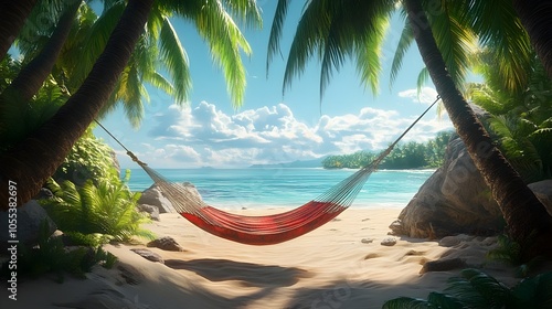 Cozy Hammock Tied Between Palm Trees on Tranquil Tropical Beach with Warm Summer Breeze