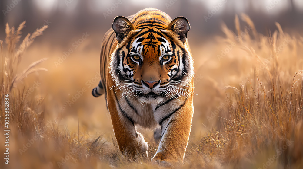Obraz premium Tigers have powerful builds, bold orange fur with black stripes, and intense eyes. There is a sense of strength and grace about the tiger's face, with sharp features and a focused gaze.