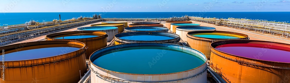 Colorful industrial tanks under clear blue sky at coastal site Colorful industrial tanks under clear blue sky at coastal site