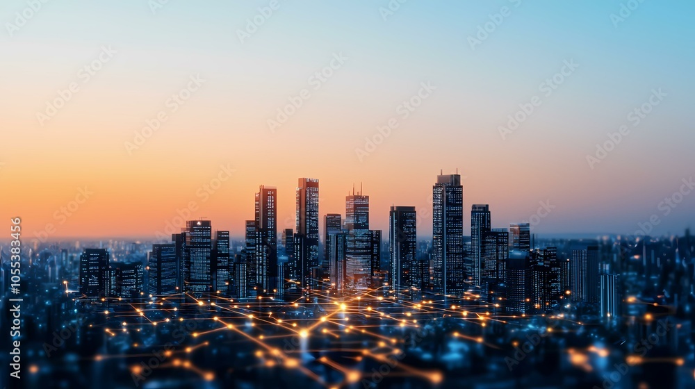 Obraz premium A futuristic city skyline illuminated at sunset, glowing with an abstract network of connections.