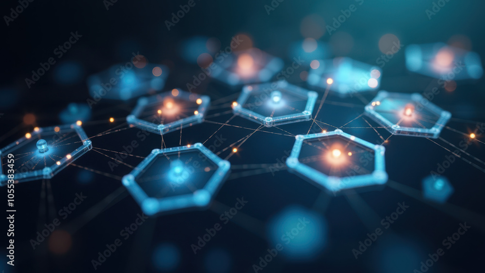 Obraz premium Molecular structure with glowing atoms and bonds, illuminated in blue and orange.