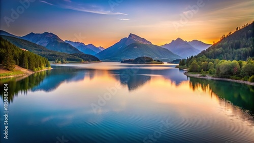 A lake surrounded by mountains and hills bathed in the soft colors of dusk, reflection, mountains