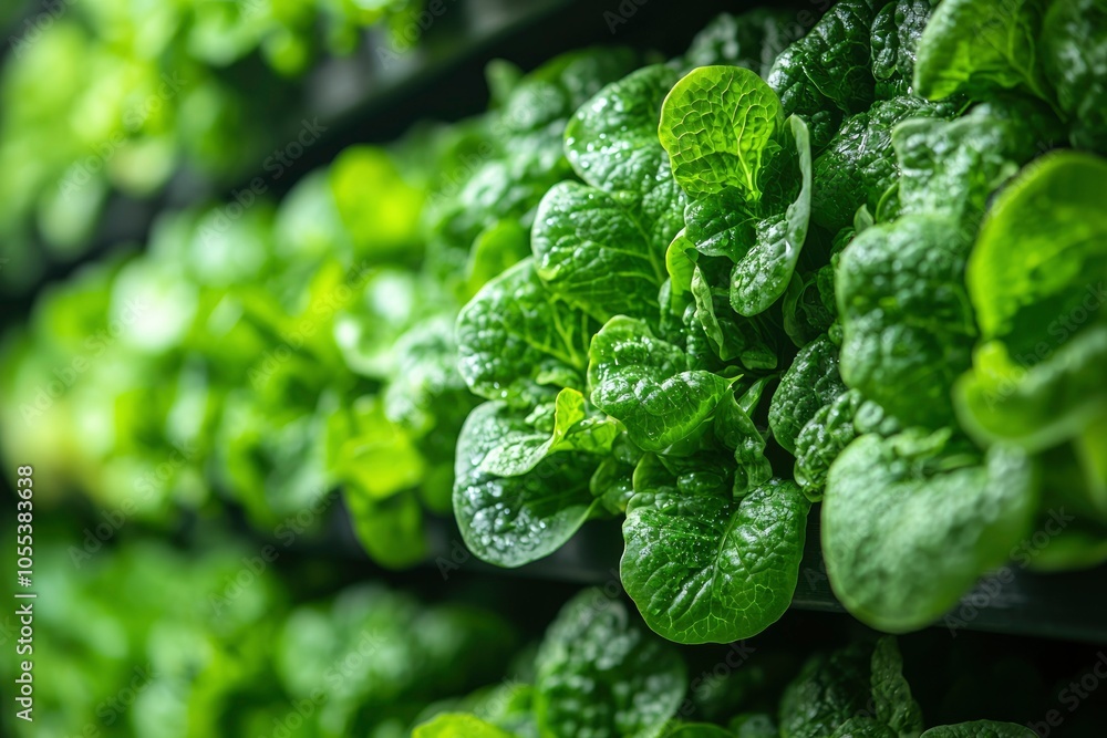 Close-up of Fresh Green Leafy Vegetables Growing Vertically in a Hydroponic System Close-up of Fresh Green Leafy Vegetables Growing Vertically in a Hydroponic System