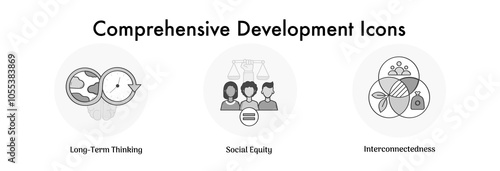 Sustainable Development Icons: Social Equity, Long-Term Thinking, Economic Development