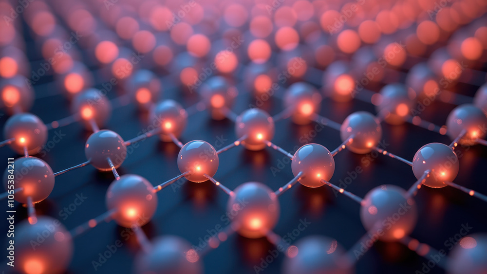 High-resolution microscopic view of a graphene lattice with red glowing atoms. High-resolution microscopic view of a graphene lattice with red glowing atoms.