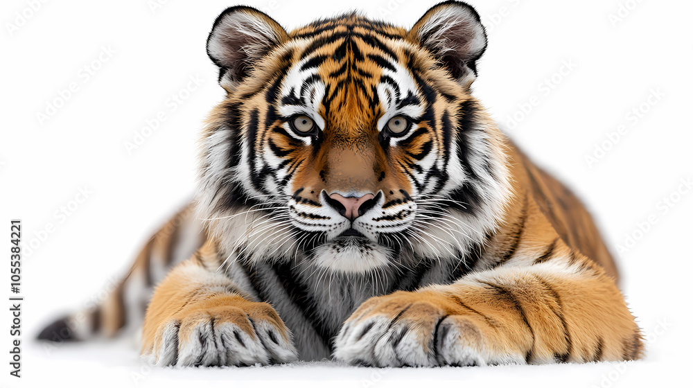 Fototapeta premium Tigers have powerful builds, bold orange fur with black stripes, and intense eyes. There is a sense of strength and grace about the tiger's face, with sharp features and a focused gaze.
