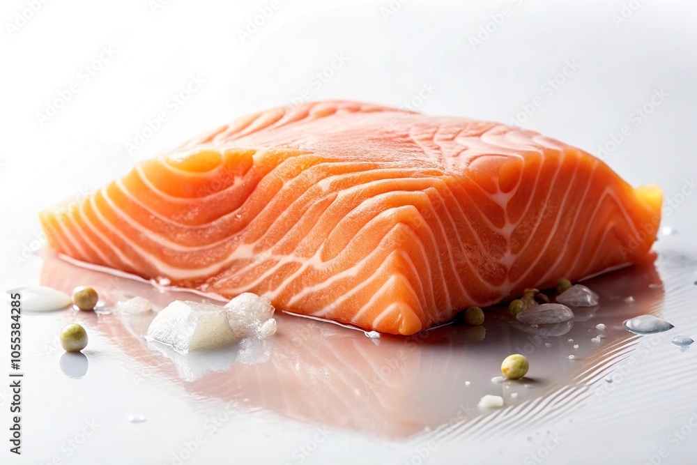 An isolated salmon fillet is surrounded by a pool of dripping slime on a pristine white surface, food, white background, isolated, fish, kitchen An isolated salmon fillet is surrounded by a pool of dripping slime on a pristine white surface, food, white background, isolated, fish, kitchen