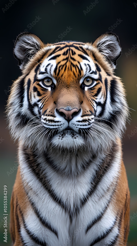 Obraz premium Tigers have powerful builds, bold orange fur with black stripes, and intense eyes. There is a sense of strength and grace about the tiger's face, with sharp features and a focused gaze.