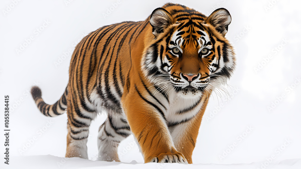 Naklejka premium Tigers have powerful builds, bold orange fur with black stripes, and intense eyes. There is a sense of strength and grace about the tiger's face, with sharp features and a focused gaze.