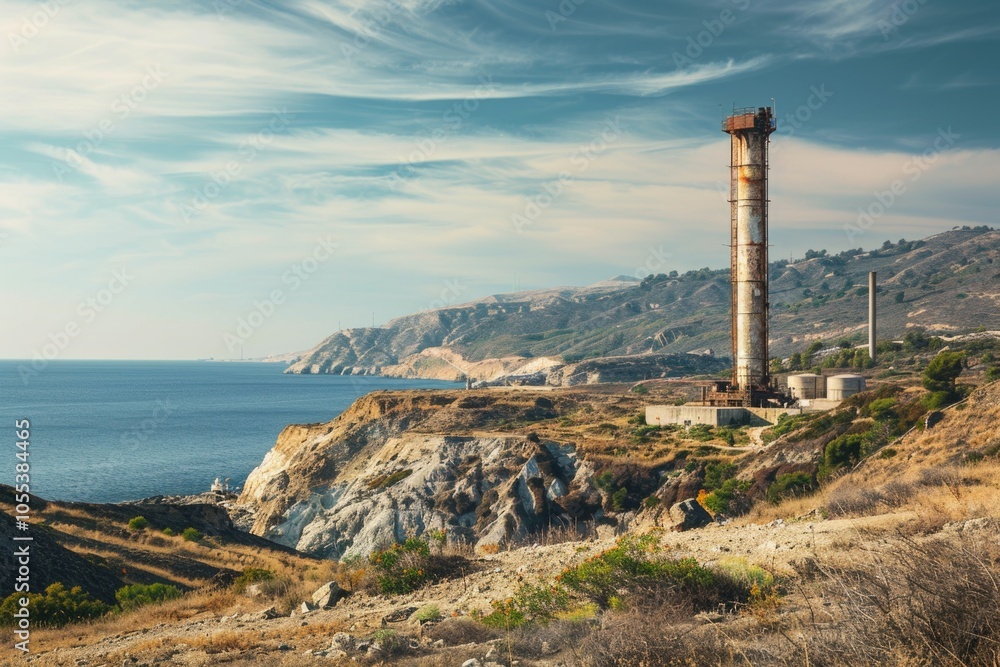 A tall tower sits atop a hill overlooking the ocean, providing a unique vantage point A tall tower sits atop a hill overlooking the ocean, providing a unique vantage point