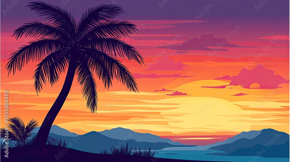 Tropical Sunset with Palm Trees and Mountain View Tropical Sunset with Palm Trees and Mountain View