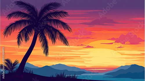 Tropical Sunset with Palm Trees and Mountain View