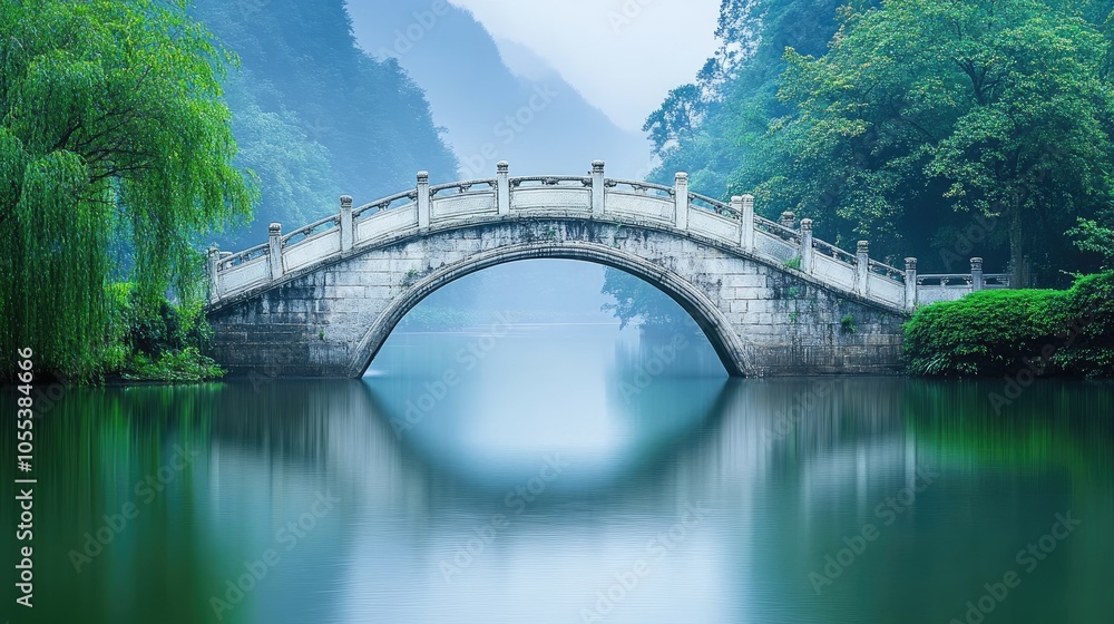 Fototapeta premium Serene Bridge Over Calm Water in Misty Landscape