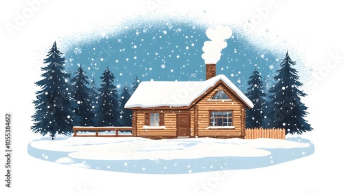 Cozy Snowy Cabin in Peaceful Winter Landscape with Smoke Rising from Chimney