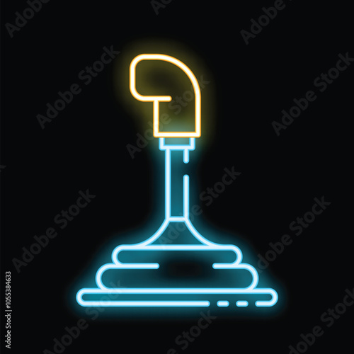 Glowing neon line gear stick icon isolated on black background, a concept for car parts