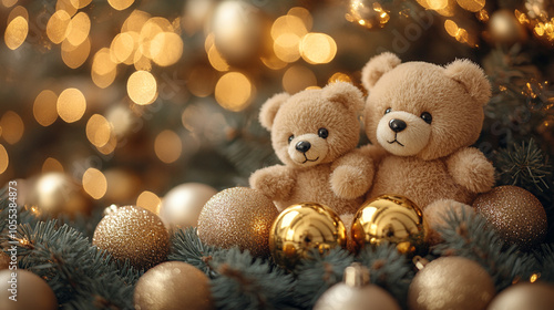 Wallpaper Mural Christmas tree decorated with Golden balls and toy bears
 Torontodigital.ca