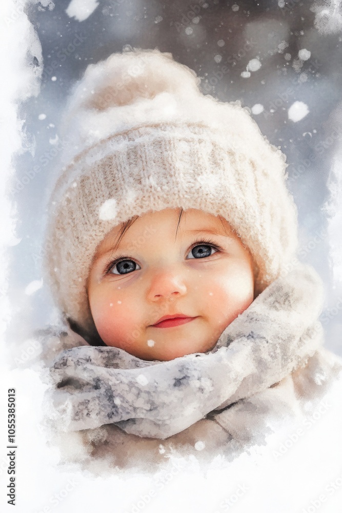 A baby dressed in winter clothing and accessories playing or walking in the snow A baby dressed in winter clothing and accessories playing or walking in the snow