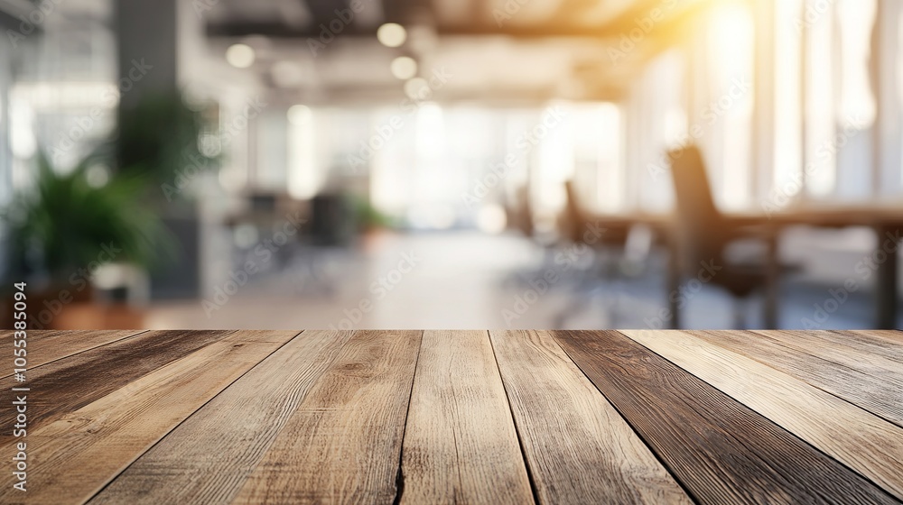 Empty wooden tabletop with blurred bokeh office interior background, perfect for product display or montage Empty wooden tabletop with blurred bokeh office interior background, perfect for product display or montage