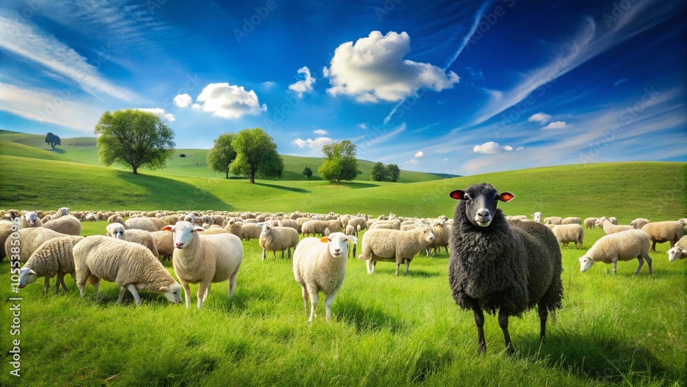 Fototapeta premium Black Sheep in a Flock of White Sheep – Unique Contrast in Nature
