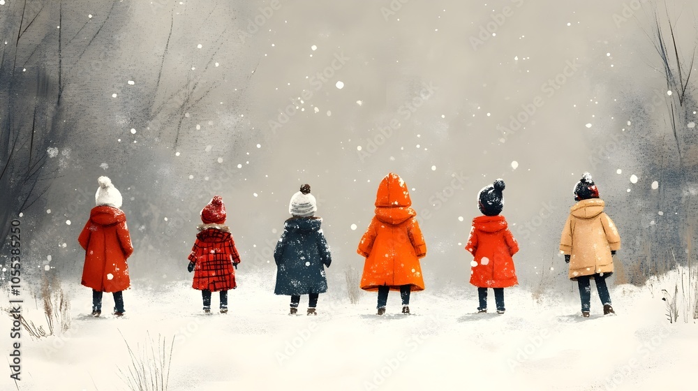 Joyful Children Playing in Snowy Winter Wonderland with Minimalist Art Style Joyful Children Playing in Snowy Winter Wonderland with Minimalist Art Style