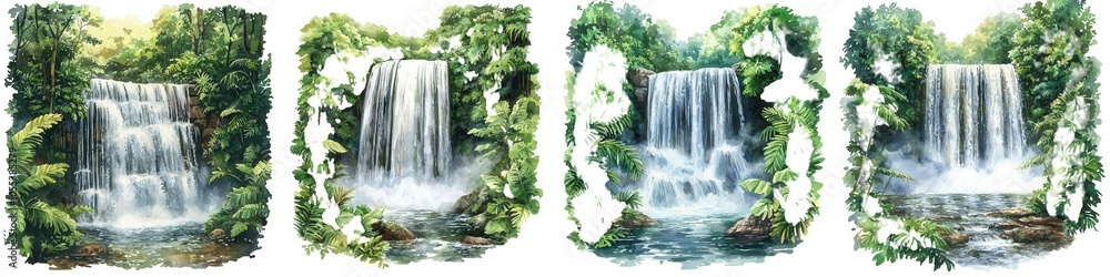 Naklejka premium Watercolor Landscape Four picturesque watercolor waterfalls surrounded by lush greenery, capturing the serenity and beauty of nature in vivid detail.