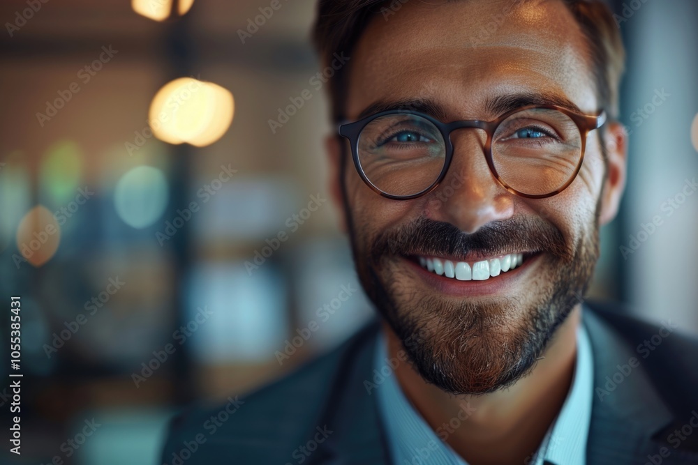A smiling man with a beard and glasses, suitable for various uses such as advertising or editorial content A smiling man with a beard and glasses, suitable for various uses such as advertising or editorial content