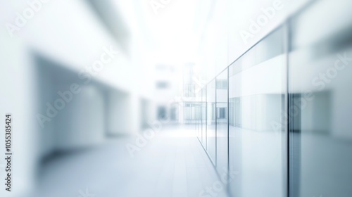 Blurry image of a white modern architectural building featuring abstract forms and clean lines in an urban setting