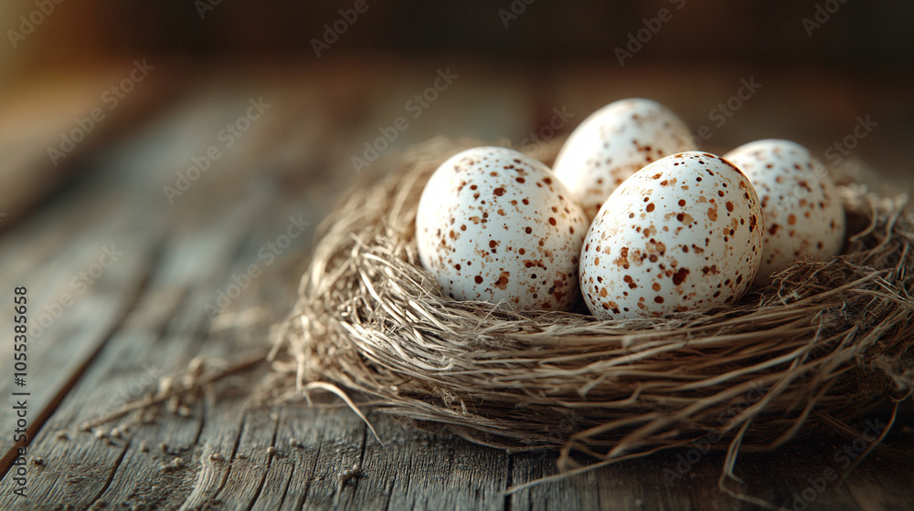 A nest of Easter eggs sits on old rustic wooden background A nest of Easter eggs sits on old rustic wooden background