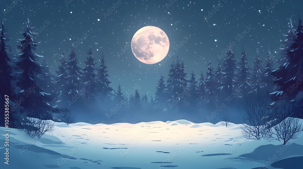 Snowy Winter Forest Bathed in Moonlight and Starry Night Sky Snowy Winter Forest Bathed in Moonlight and Starry Night Sky