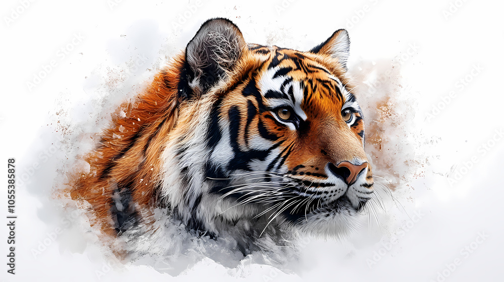 Obraz premium Tigers have powerful builds, bold orange fur with black stripes, and intense eyes. There is a sense of strength and grace about the tiger's face, with sharp features and a focused gaze.