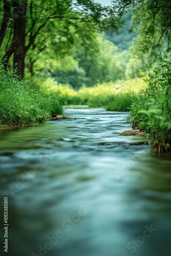 A serene and peaceful scene of a stream running through a lush green forest