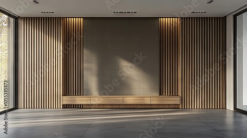 Fototapeta Naklejka Na Ścianę i Meble -  Spacious modern empty room featuring gray slatted accent wall and custom built-in wooden cabinet – high-quality 3d rendering