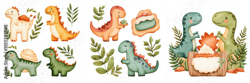 A collection of cute, illustrated dinosaurs surrounded by leaves, showcasing playful designs perfect for children's themes. photo