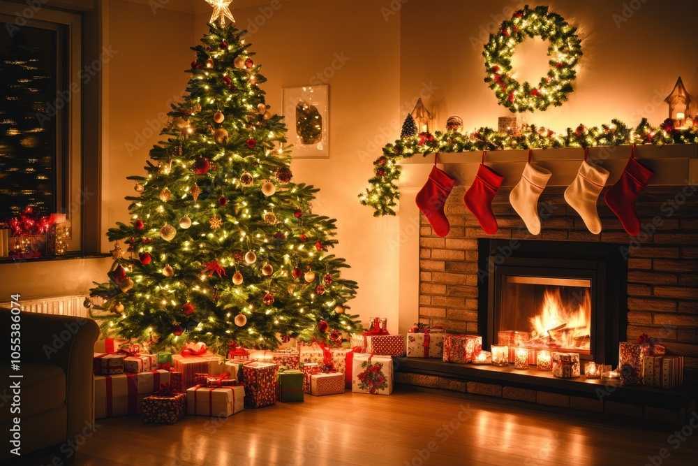 A cozy living room decorated for Christmas with a glowing fireplace, a tall tree adorned with twinkling lights, and stockings hanging on the mantel. Presents are neatly placed under the tree. A cozy living room decorated for Christmas with a glowing fireplace, a tall tree adorned with twinkling lights, and stockings hanging on the mantel. Presents are neatly placed under the tree.