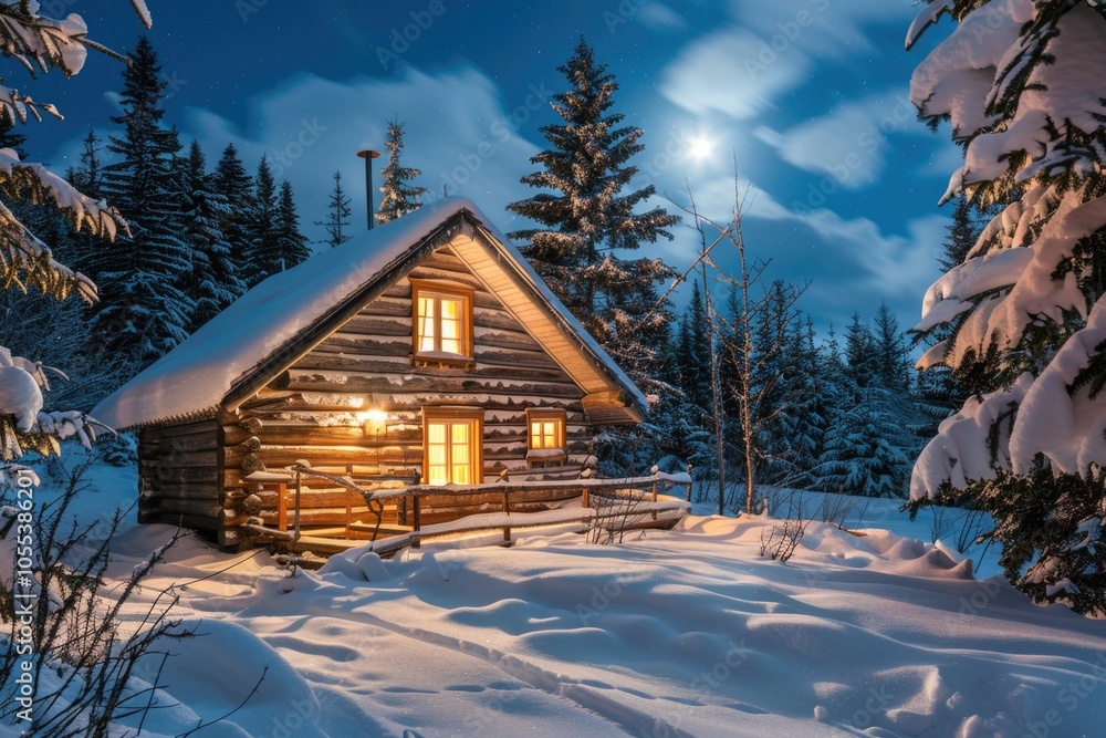 Fototapeta premium A cozy cabin surrounded by snow with a bright full moon shining in the background