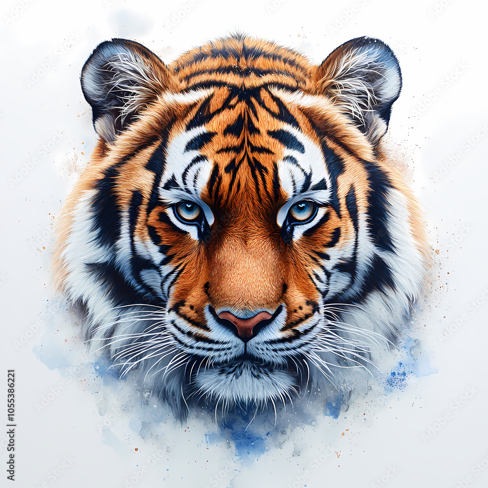 Naklejka premium Tigers have powerful builds, bold orange fur with black stripes, and intense eyes. There is a sense of strength and grace about the tiger's face, with sharp features and a focused gaze.