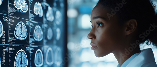 Female Doctor Examining Brain Scans in Hospital, Medical Research Concept, Medical Researc photo