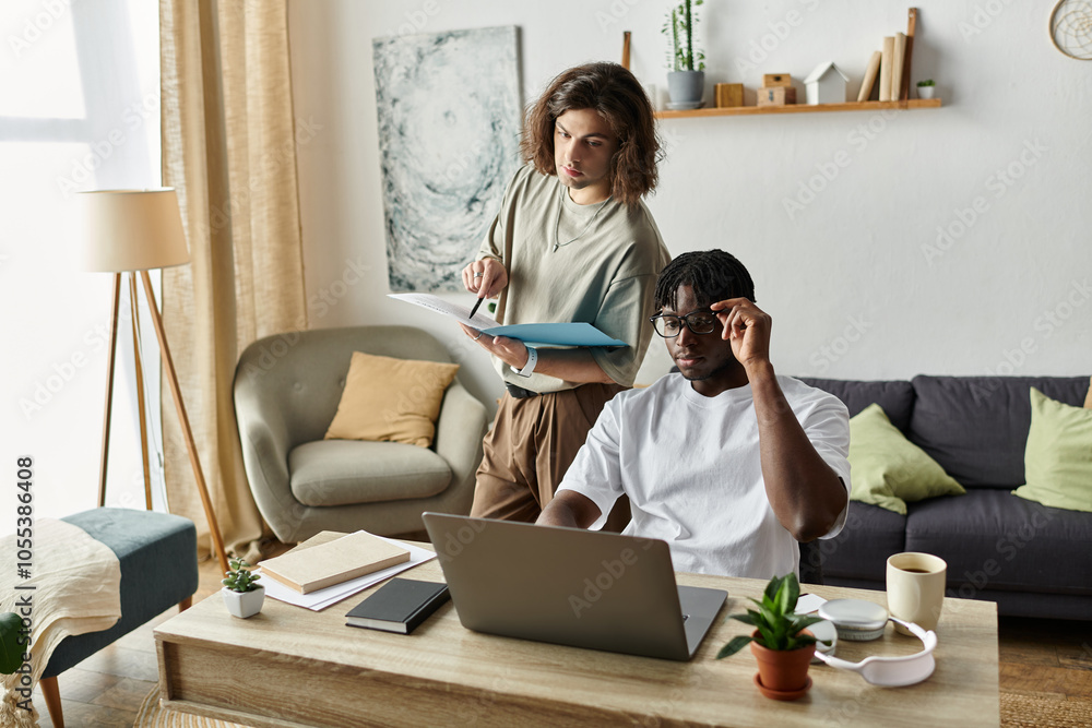 A loving couple shares a productive moment, discussing plans and enjoying their cozy home together. A loving couple shares a productive moment, discussing plans and enjoying their cozy home together.