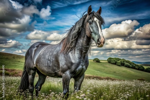 Blue Roan Draft Horse Mix Gelding in Lush Pasture - Majestic Animal Photography