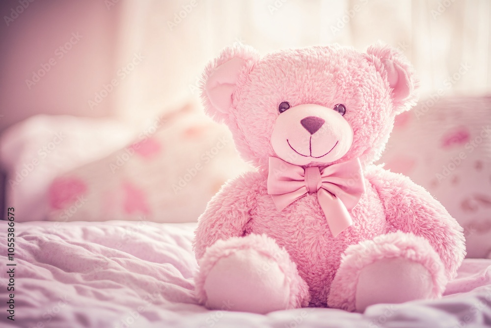 A soft pink teddy bear sits adorably on a cozy bed with pastel-themed bedding in a serene, sunlit room A soft pink teddy bear sits adorably on a cozy bed with pastel-themed bedding in a serene, sunlit room